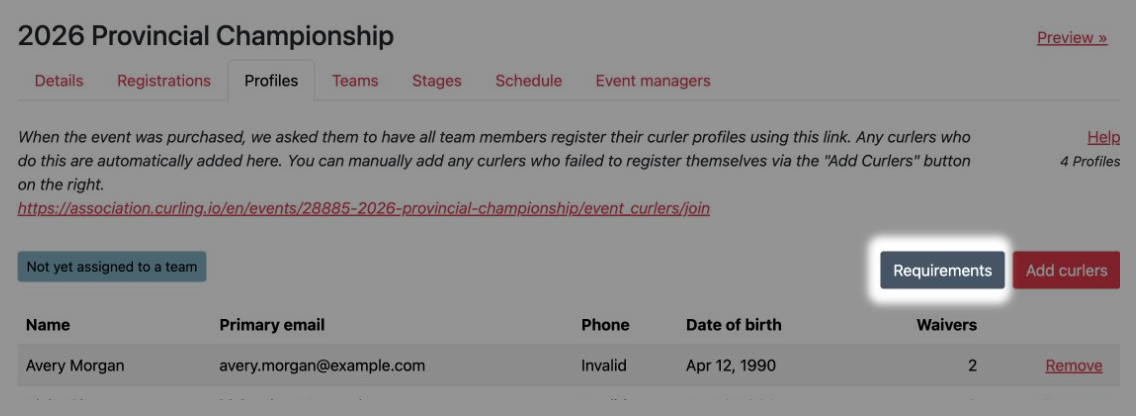 Requirements button on the event Profiles page