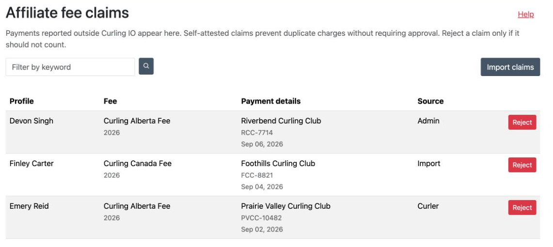 Affiliate fee claims from curlers, administrators, and imports