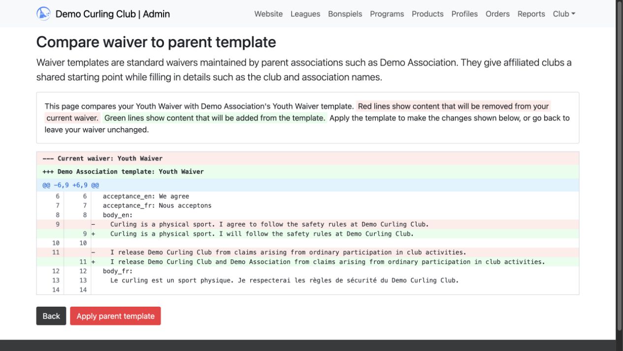 Review a compact red and green waiver template diff