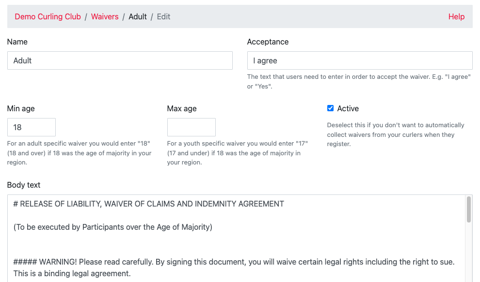 Customize Waivers