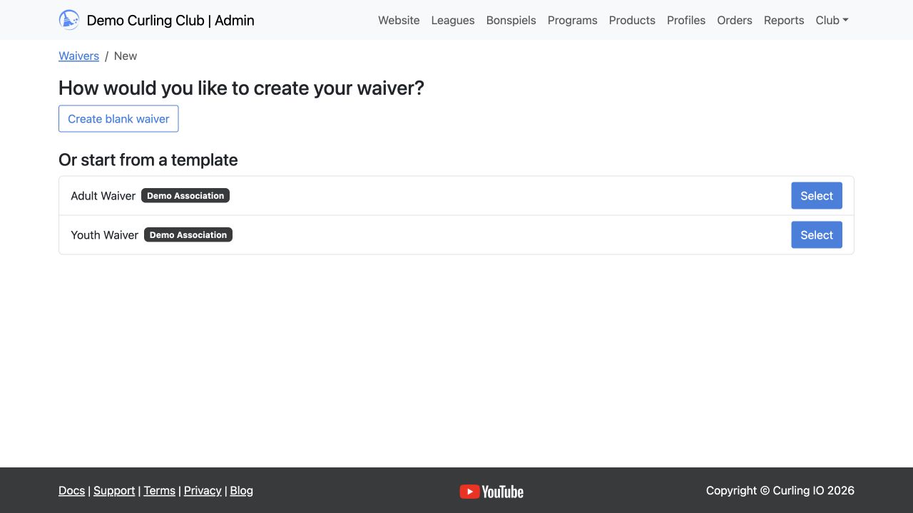 Choose a waiver template provided by Demo Association