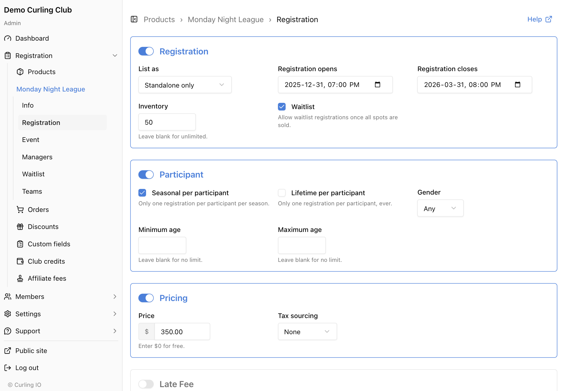 Curling IO admin panel showing the product registration page